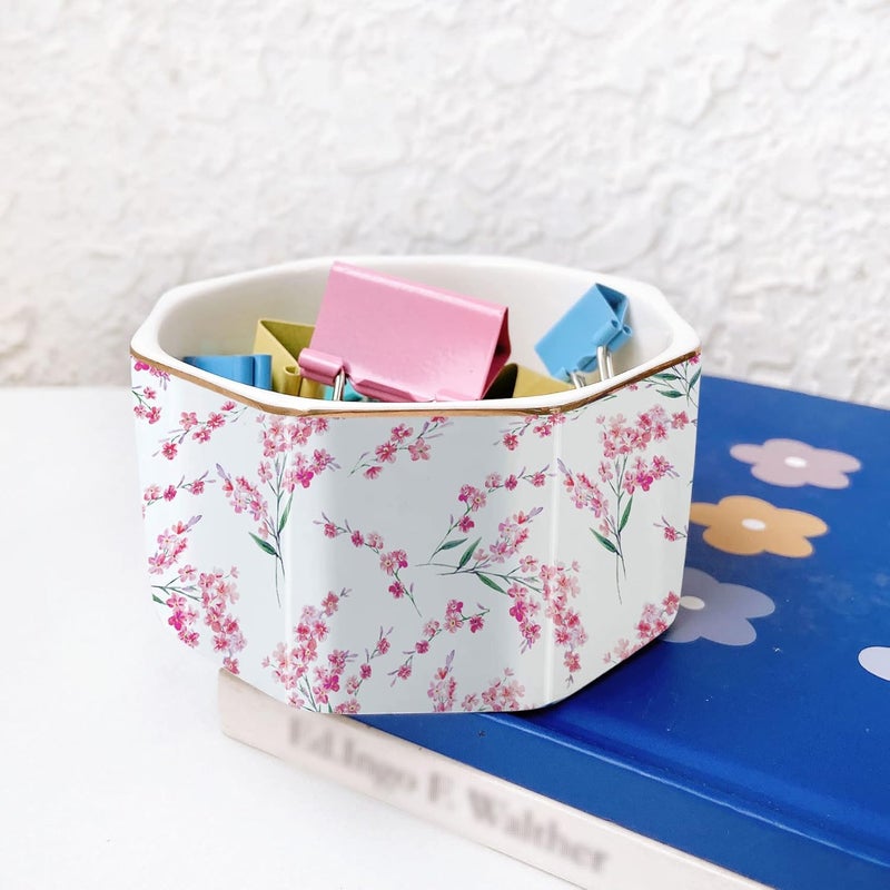 LEAZUL Ceramic Paper Clip Holder Gold Line Paper Clip Dispenser Organizer for Desk Cute Floral Pattern Office Binder Clip Holder Bobby Pin and Hair Clip Holder Gift for Office Pink Flowers - Image 2